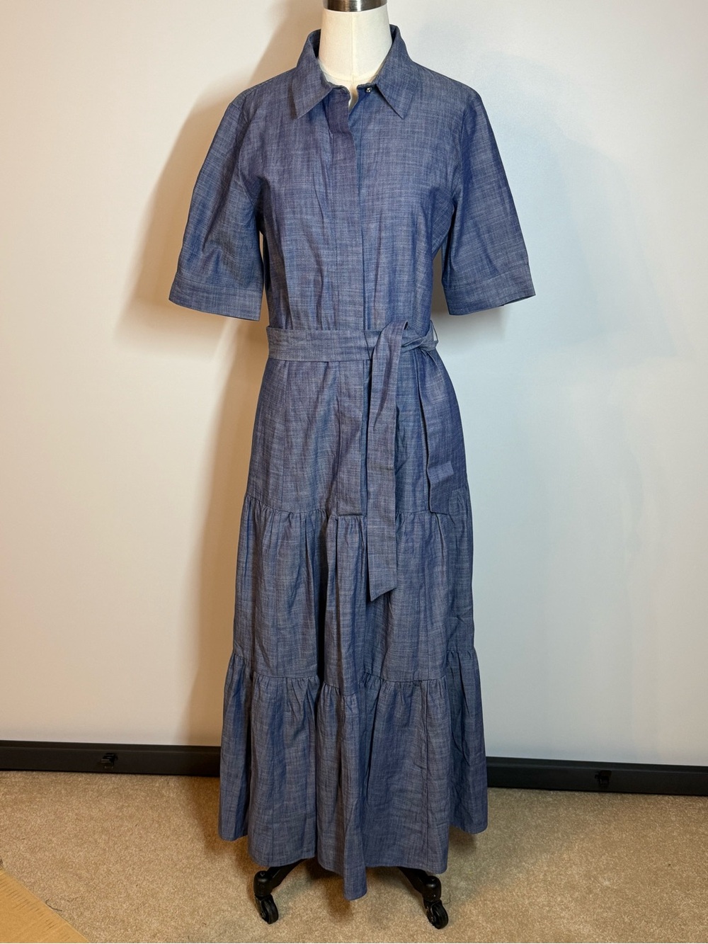 Calvin Klein Blue Chambray Maxi Shirt Dress with Waist Tie